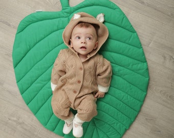 Monstera leaf rug Nursery play mat Tropical kids playroom decor Botanical baby shower gift Green floor rug Handmade cotton activity mat
