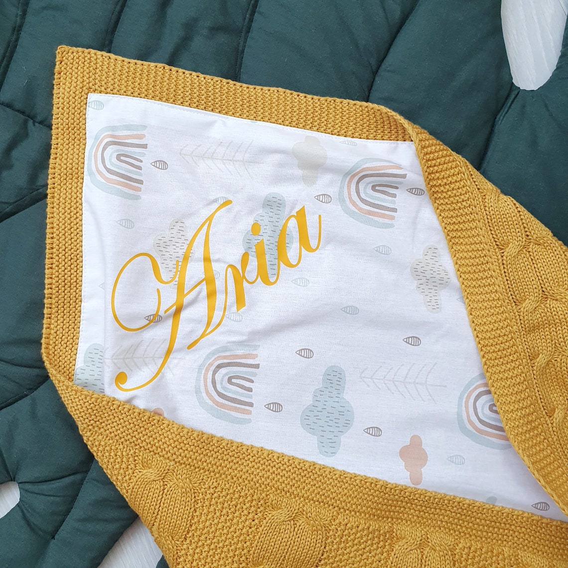 Rainbow print baby blanket Personalized knitted blanket Clouds Etsy