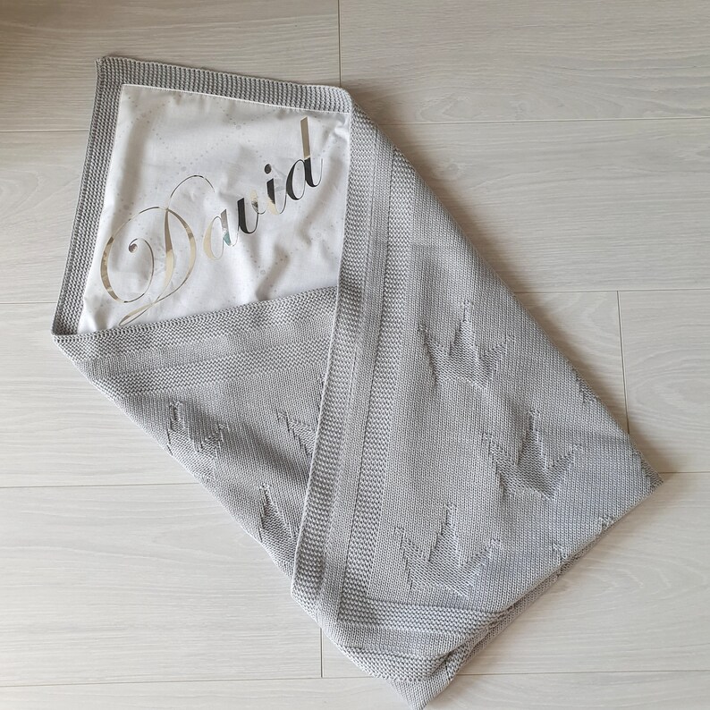 Grey Knitted Crown Baby Blanket Personalized Swaddle Blanket Etsy