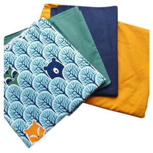 Puede incluir: Cuatro cuadrados de tela en diferentes colores y patrones. El cuadrado más grande es azul con un patrón blanco de árboles y animales. Los otros cuadrados son azul verdoso, azul marino y amarillo.