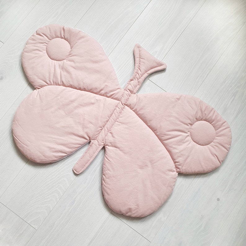 Butterfly shape play mat Boho nursery decoration Quilted activity rug Pink 100/% cotton mat Baby shower gift Butterflies toddler girl room