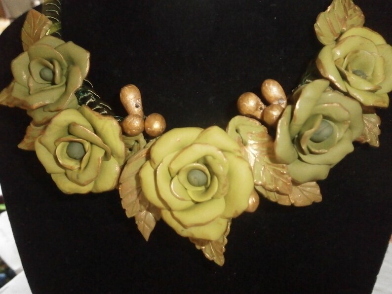 light choker suitable for summer but also winter GREEN ROSES and GOLD polymer clay