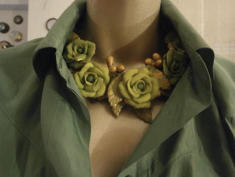 light choker suitable for summer but also winter GREEN ROSES and GOLD polymer clay