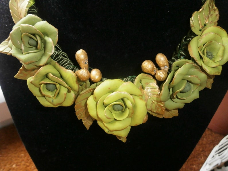light choker suitable for summer but also winter GREEN ROSES and GOLD polymer clay