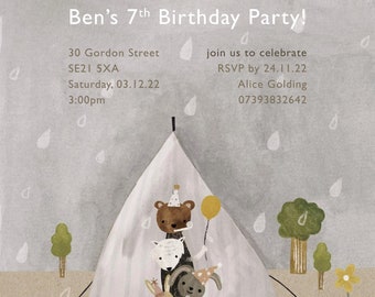 customisable children's birthday party, event recycled card invitations with envelopes - cute animal party illustration