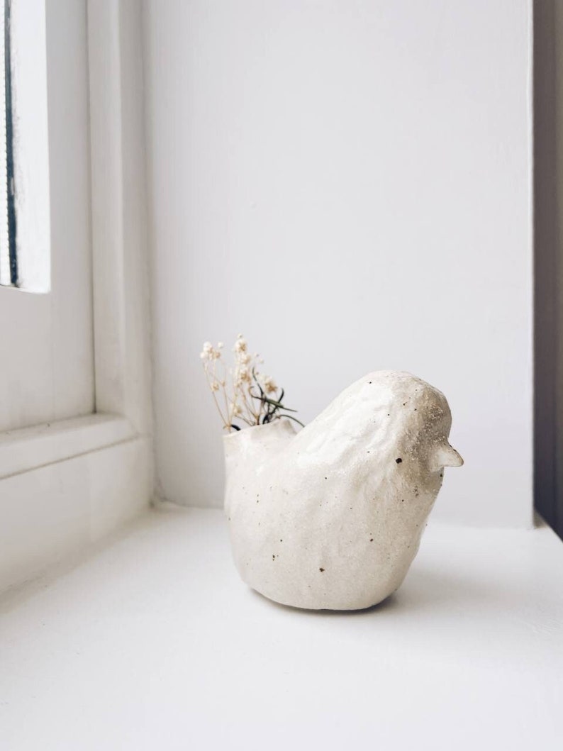White Handbuilt Chicken Vase in Speckled Flecked Stoneware image 1