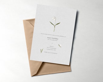 customisable birthday, wedding, event recycled card invitations with envelopes - simple elegant snowdrop flowers illustration