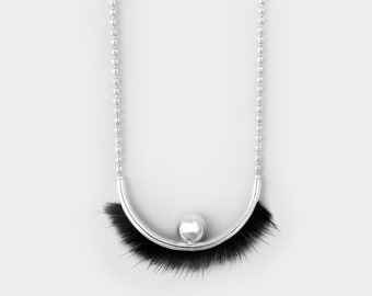 Silver Furry Eye Pendant Reclaimed Fur Necklace