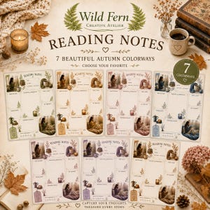May include: Seven reading notes templates featuring autumn-themed illustrations, including ferns, candles, and cozy scenes. Each page includes sections for book details, thoughts, impressions, favorite quotes, and key takeaways in seven distinct colorways.