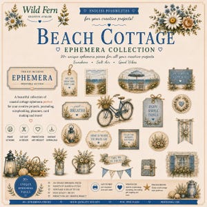 Peut inclure: Collection numérique d'éphémères sur le thème de la plage. Le design comprend divers éléments tels qu'un vélo, des scènes de plage, des compositions florales et des citations inspirantes. Le texte indique "Beach Cottage Ephemera Collection".