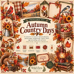 Może przedstawiać: Zestaw do druku zatytułowany Autumn Country Days zawierający efemerydy, strony we wzory, tła, bilety, etykiety, zawieszki i karty do dziennika o tematyce jesiennej. Projekt zawiera ilustracje kardynała, stodoły, grzybów, wiewiórki, latarni i jesiennych liści.