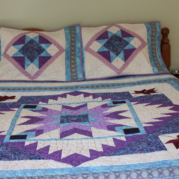 Queen Size Quilt, Handmade Queen Quilt, Hand-made Queen Quilt,  Purple light Blue Hand Made Queen Quilt, Home-made Queen Quilt, HomeDecor