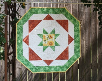 Quilted 26" table topper, Handmade quilted sunflower table topper, homemade fall table topper, Quilted fall table runner