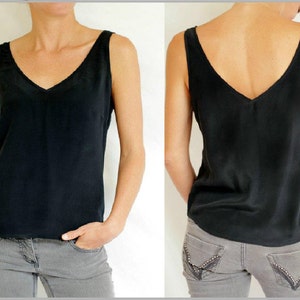 Ladylu silk camisole top, V neck. Sizes 10, 12, 14, 16. Colours black, cream, pink.