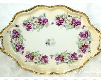Beyer & Bock, Prussia: Hand painted tray with violets (pansies) and white crocuses
