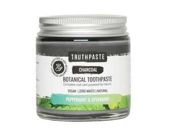 truthpaste Charcoal: Peppermint & Spearmint 100ml / Zero rifiuti, Dentifricio naturale, senza fluoro, senza SLS, vegano, ingredienti biologici.