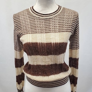 Vintage 70s Brown and Cream Metallic Striped Semi Sheer Sweater by Joyce Medium