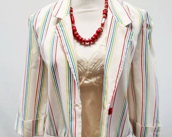 Vintage 80s Rainbow Striped Blazer | 80s Fashion Boyfriend Blazer