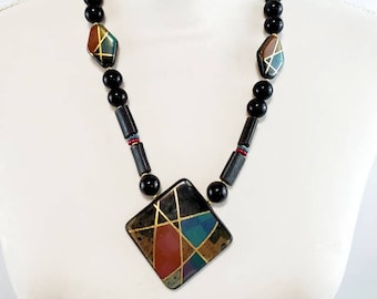 Vintage 80s Abstract Plastic Beaded Necklace | Statement Costume Jewelry