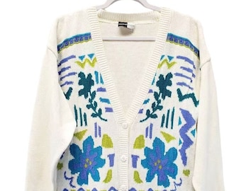 Vintage Funky Purple Floral Cardigan Sweater Medium