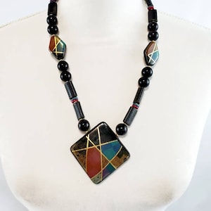 Vintage 80s Abstract Beaded Black Necklace | Vintage Costume Jewelry | Large Statement Piece Necklace