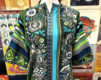 Vintage 60s 70s Green and Blue Psychedelic Hippie Abstract Print Long Maxi Dress