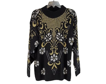 Vintage 80's Black and Gold Metallic Floral Mock Neck Sweater