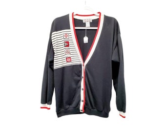Vintage 90s Funky Black Red Geometric Striped Cardigan Gina Peters Medium