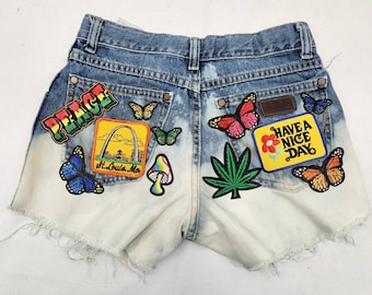 Bleached Wrangler Cutoff Denim Patched Shorts Size 26 Hippie