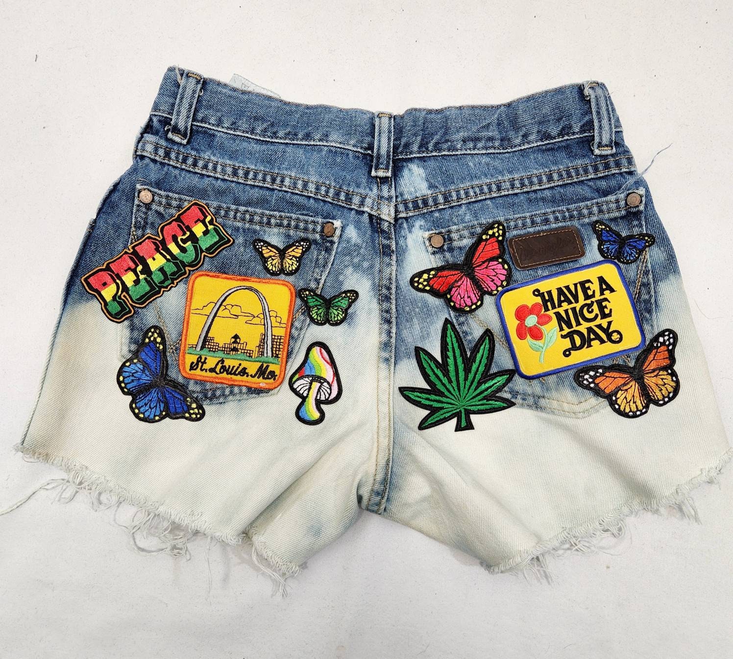 Bleached Wrangler Cutoff Denim Patched Shorts Size 26