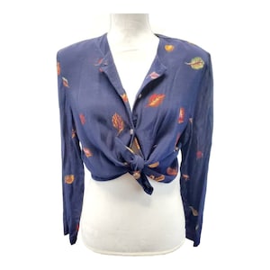 Vintage Navy Blue Leaf Print Long Sleeve Button Shirt Medium | Boho Hippie Nature Shirt