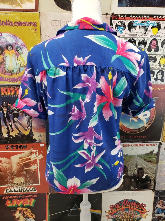 Vintage 80s Blue Pink Tropical Hawaiian Print But… - image 3