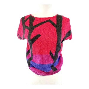 Vintage 80&#39;s Red Abstract Color block Short Sleeve Sweater | Funky Fun Print Sweater Shirt