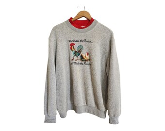 Vintage Embroidered Chicken Pullover Crewneck Sweatshirt Cottagecore Grandma Sweater