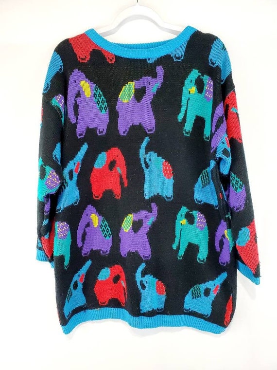 Vintage 80s Colorful Elephant Knit Sweater Large