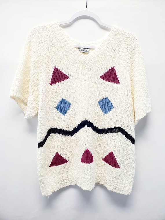 Vintage 80s Cream Geometric Print Short Sleeve Sweater Shirt | Funky Print 80s 90s Sweater