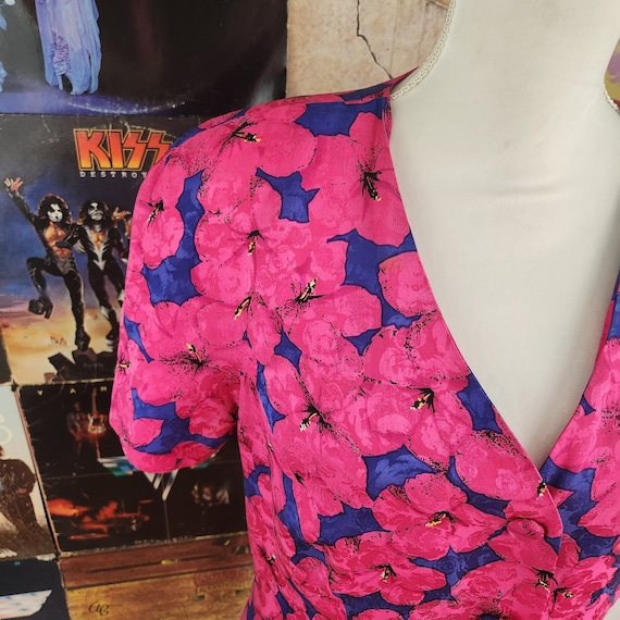 Vintage 80s Adriana Papell Blue Pink Floral Print… - image 2