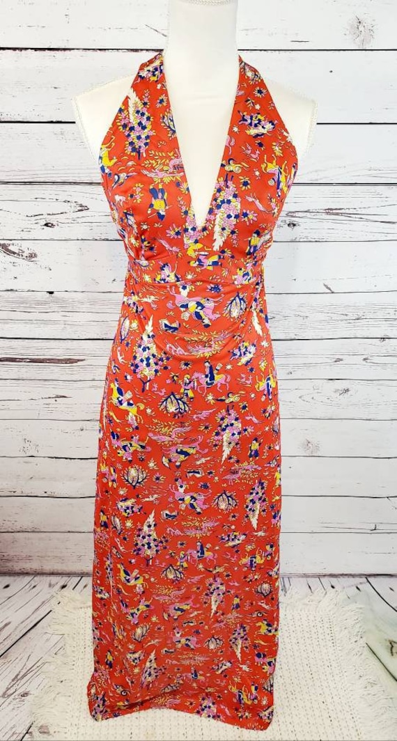 Vintage Red Oriental Print Long Halter Dress