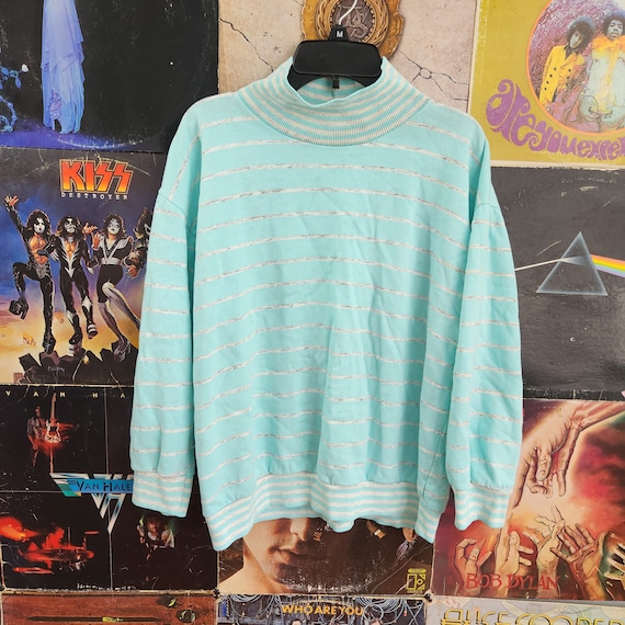 Vintage 80s Aqua Turtle Neck Striped Sweatshirt Sm