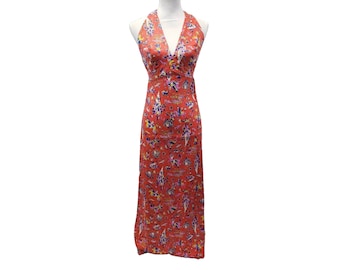 Handmade Vintage Red Oriental Print Long Halter Top Dress