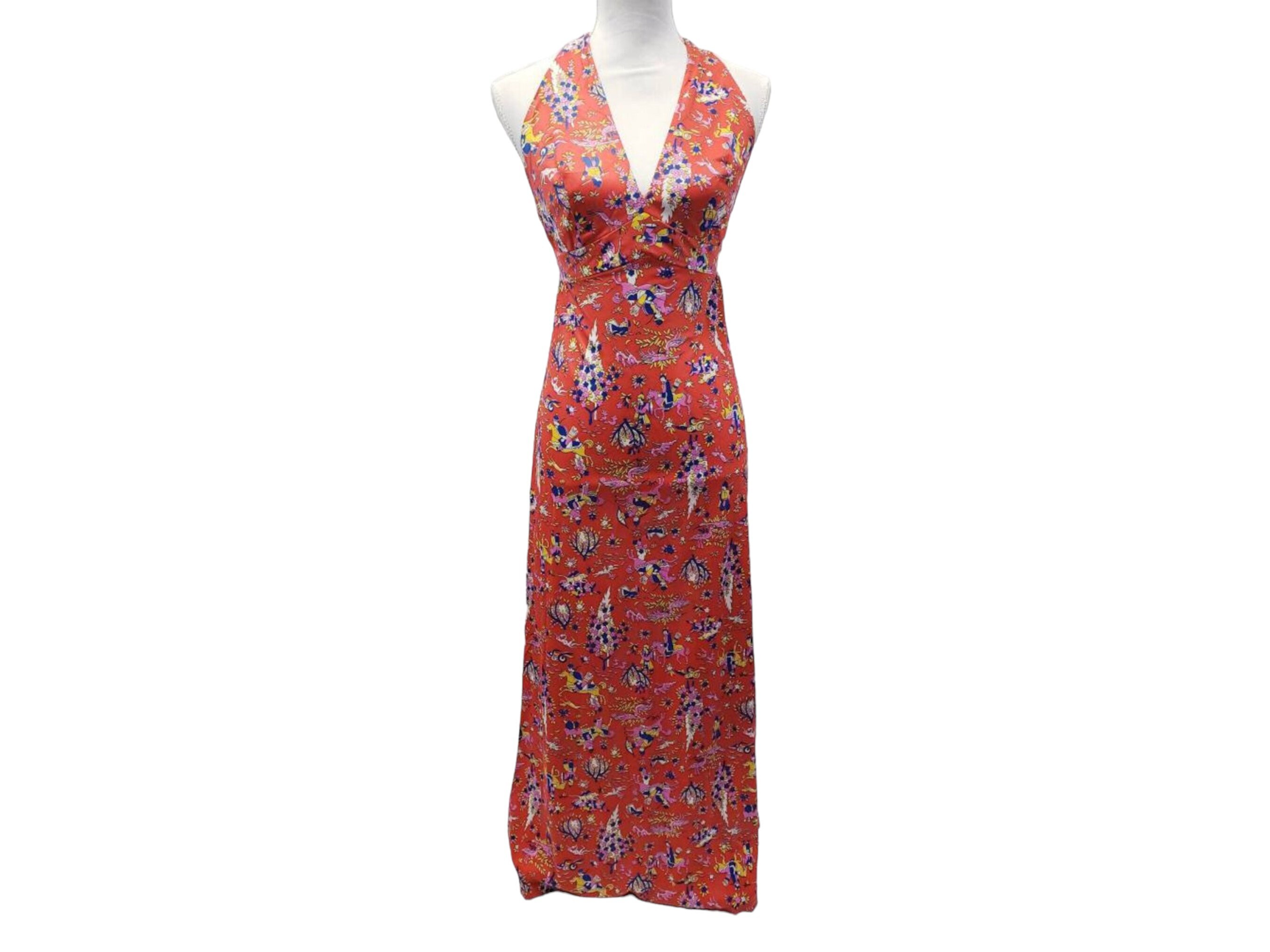 Handmade Vintage Red Oriental Print Long Halter Top Dress