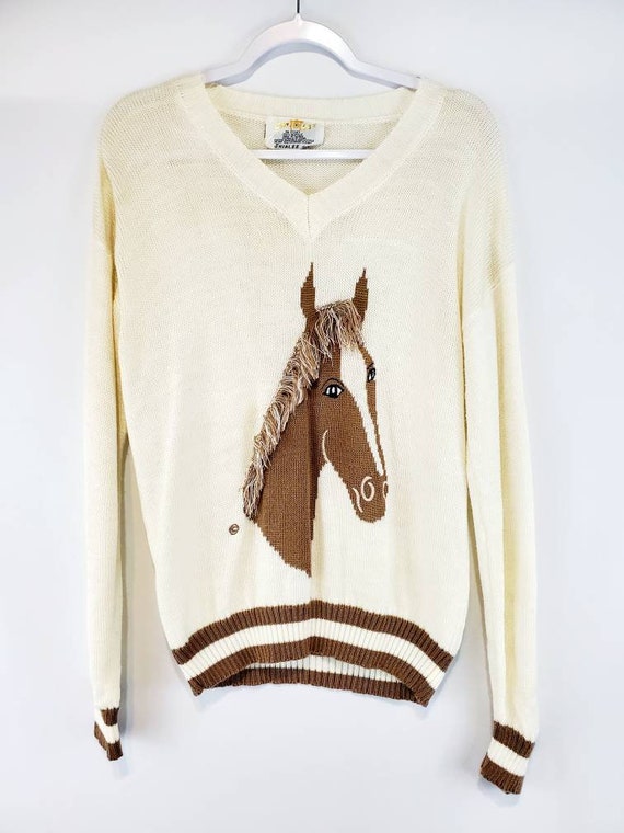 Vintage 70s Horse Head Knit Sweater XL | Cream and