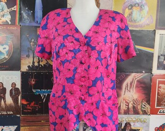 Vintage 80s Adriana Papell Blue Pink Floral Print Silk Blouse size 14