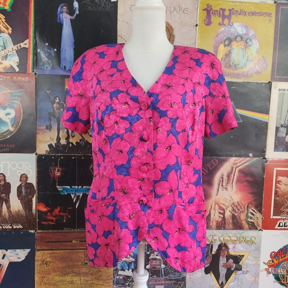 Vintage 80s Adriana Papell Blue Pink Floral Print… - image 1