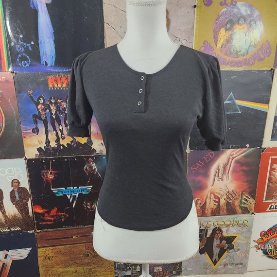 Vintage 80s Nicole Curin Black Puff Sleeve Shirt … - image 1