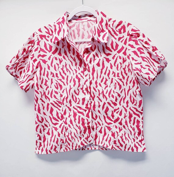 Vintage 80s Pink and White Zebra Print Button Up … - image 4