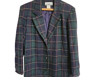 Vintage 90s Tartan Plaid Wool Blazer size 8 White Stag