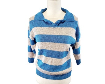 Vintage 80's Blue and Gray Striped Knit Sweater Shirt | Rainbow Ridge Collared Sweater