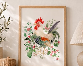 Rooster and Raspberries Watercolor Art Print - Chinese Zodiac Animal Art