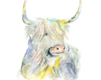 Ox Art Print, Highland Cow Watercolor Print, Modern Year of Ox Artwork, inspired by Chinese Zodiac Signs.